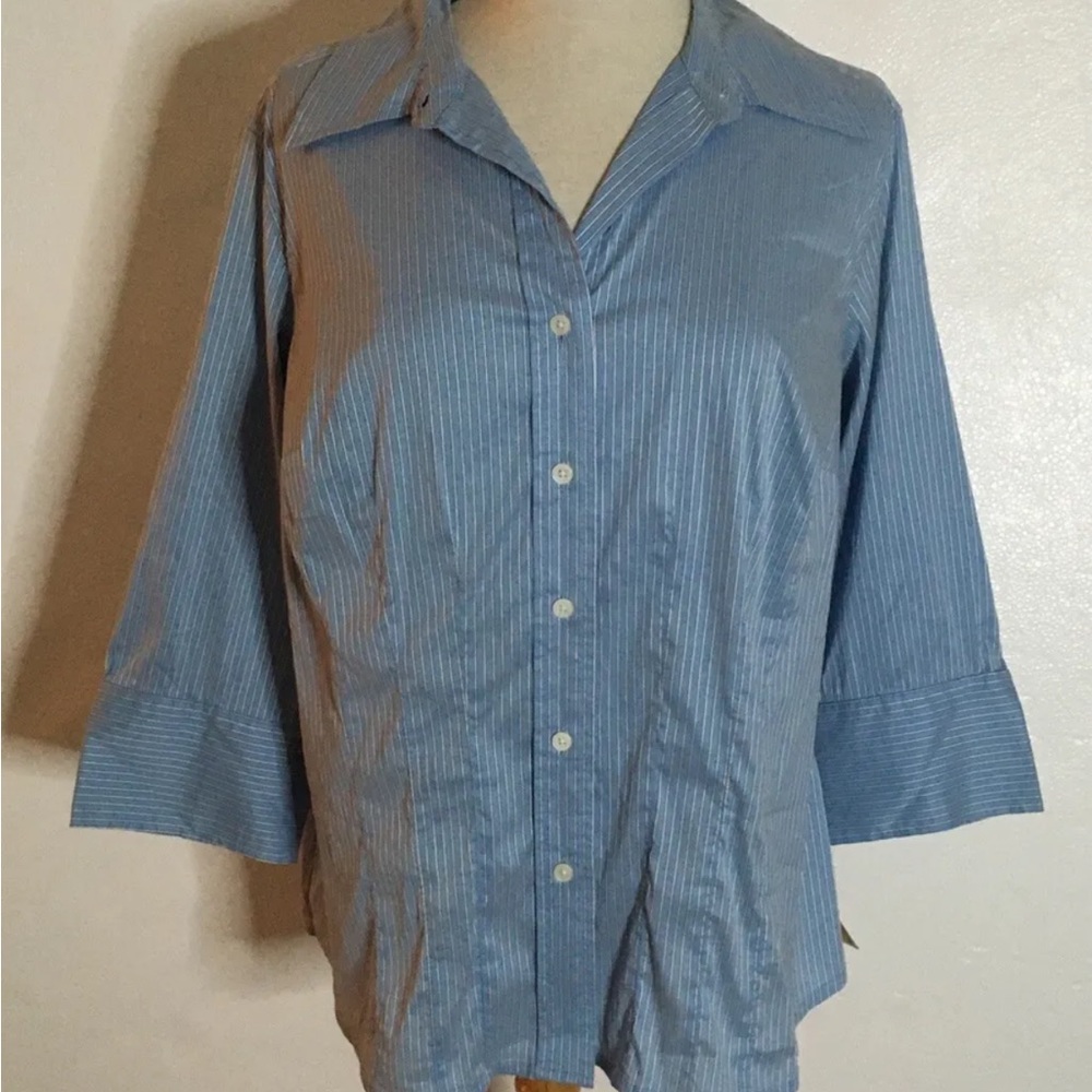 New Talbots Blue White Fitted 3/4 Slv Shirt Sz X